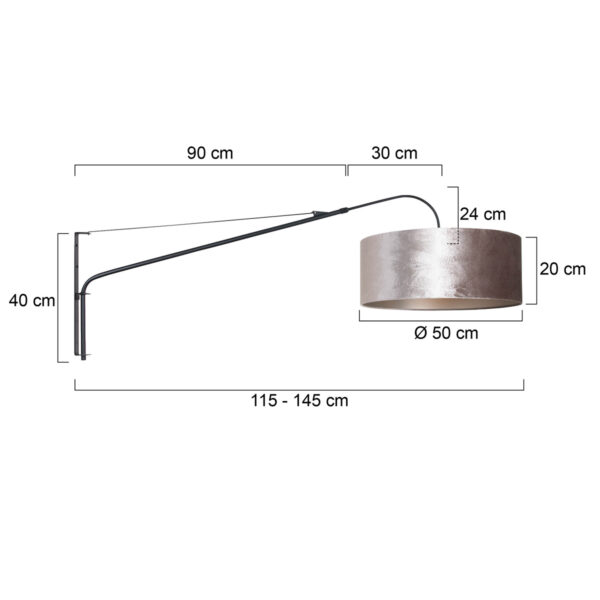 Steinhauer Elegant Classy wandlamp - kap ⌀50 cm - uittrekbaar tot 145 cm - zwart/wit snoer met schakelaar - zwart en zilver - Image 6