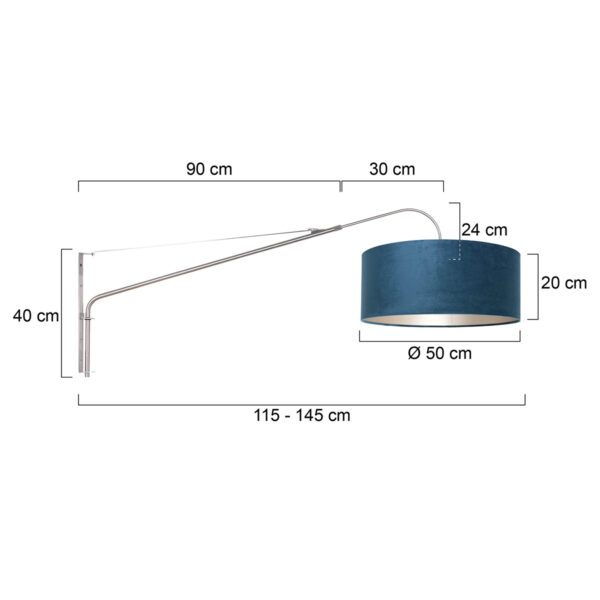 Steinhauer Elegant Classy wandlamp - lange arm -  145 cm diep - staalkleurig met blauwe kap - Image 6