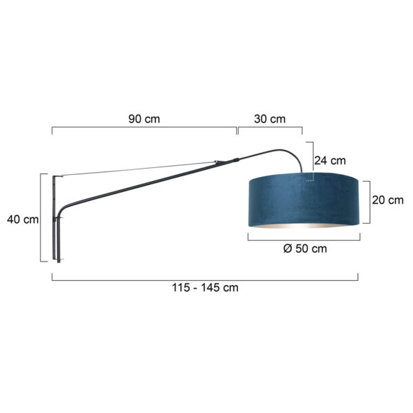 Steinhauer Elegant Classy wandlamp - lange arm -  145 cm diep - zwart met blauwe kap - Image 6