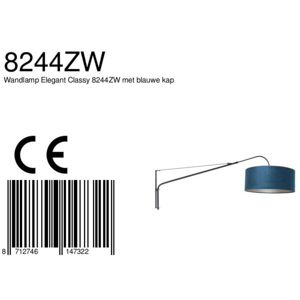 Steinhauer Elegant Classy wandlamp - lange arm -  145 cm diep - zwart met blauwe kap - Image 7