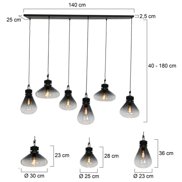 Steinhauer Flere hanglamp - zeslichts - E27 - in  hoogte verstelbaar - 140 cm breed - rookglas - Image 7