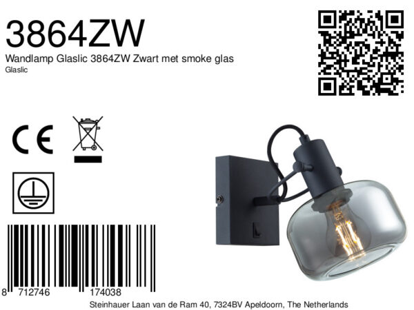 Steinhauer Glaslic wandlamp –– smokeglas en zwart - Image 2