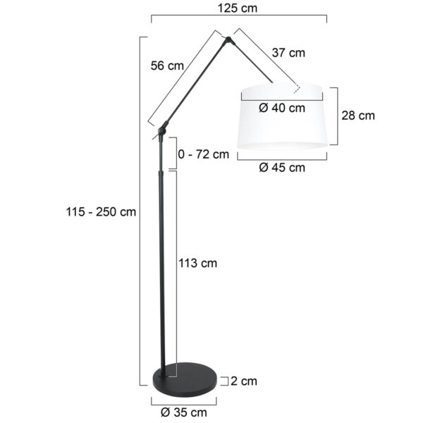 Steinhauer Prestige Chic vloerlamp - knikarm - verstelbaar - 250 cm hoog - mat zwart met effen witte kap - Image 5