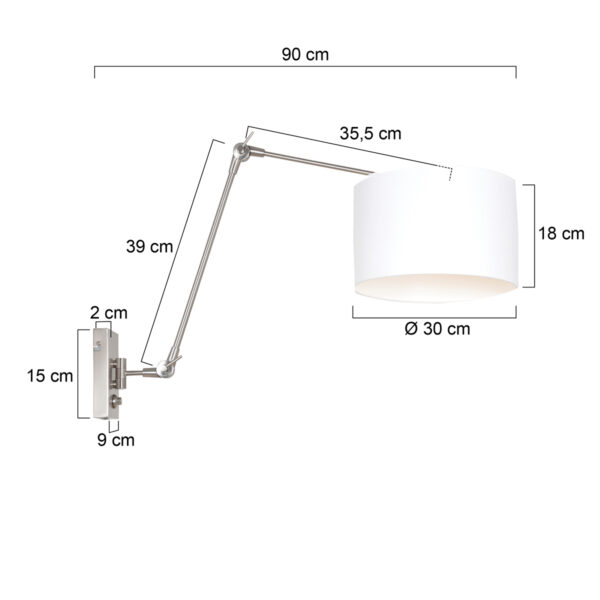 Steinhauer Prestige Chic wandlamp - kap ⌀30 cm - tot 105 cm diep - dimmer op het product - E27 - staal en wit - Image 5