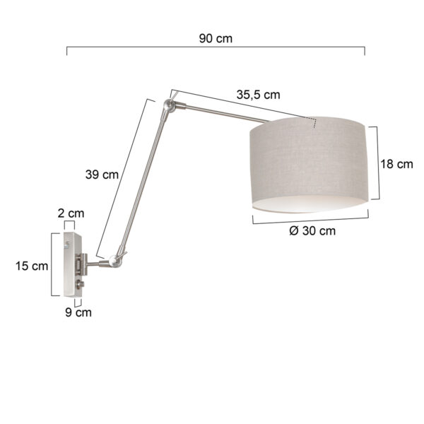 Steinhauer Prestige Chic wandlamp - kap ⌀30 cm - tot 105 cm diep - dimmer op het product - E27 - staal en grijs - Image 5