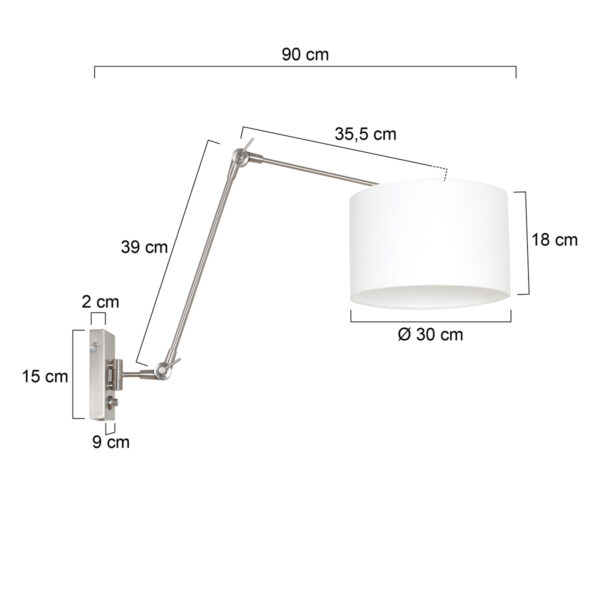 Steinhauer Prestige Chic wandlamp - kap ⌀30 cm - tot 105 cm diep - dimmer op het product - E27 - staal en wit linnen - Image 5