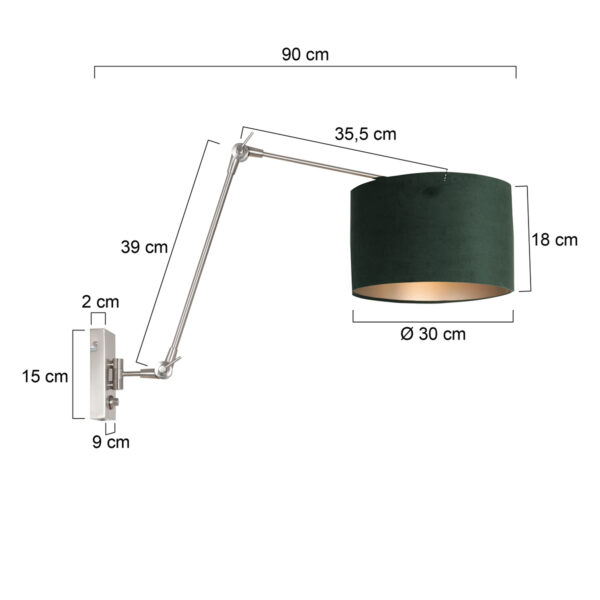 Steinhauer Prestige Chic wandlamp - kap ⌀30 cm - tot 105 cm diep - dimmer op het product - E27 - staal en groen - Image 5
