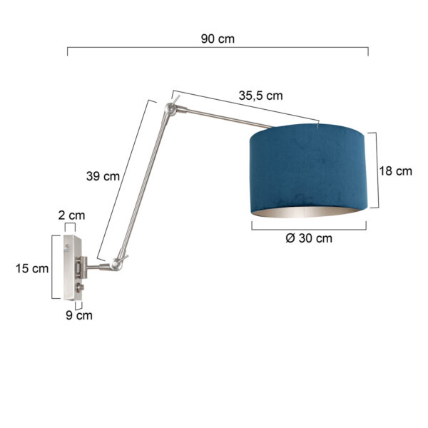 Steinhauer Prestige chic wandlamp – Draai- en/of kantelbaar en In hoogte verstelbaar – E27 (grote fitting) – blauw en staal - Image 5