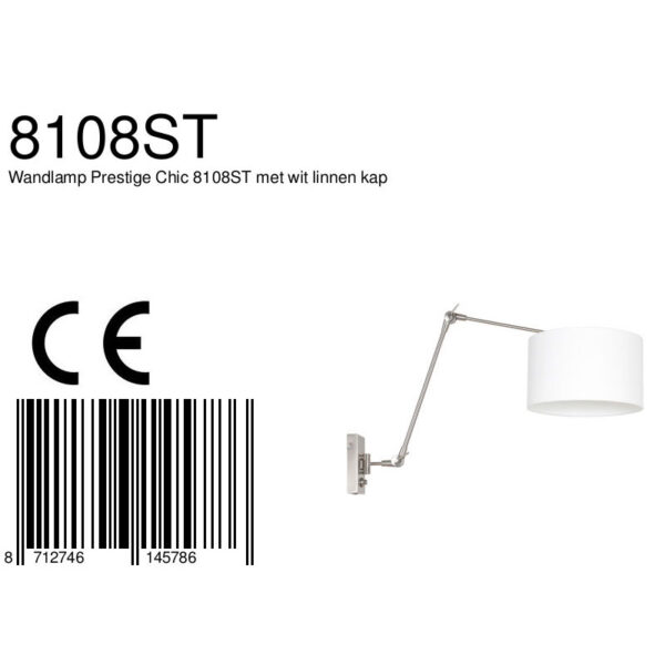Steinhauer Prestige Chic wandlamp - kap ⌀30 cm - tot 105 cm diep - dimmer op het product - E27 - staal en wit linnen - Image 6