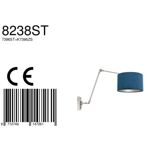 Steinhauer Prestige chic wandlamp – Draai- en/of kantelbaar en In hoogte verstelbaar – E27 (grote fitting) – blauw en staal - Image 6