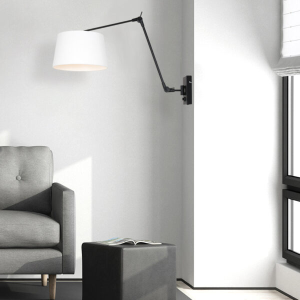 Steinhauer Prestige Chic wandlamp - kap ⌀30 cm taps - tot 105 cm diep - dimmer op het product - E27 - zwart en wit linnen - Image 2