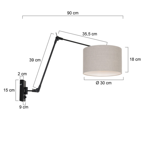 Steinhauer Prestige Chic wandlamp - kap ⌀30 cm - tot 105 cm diep - dimmer op het product - E27 - zwart en grijs - Image 4