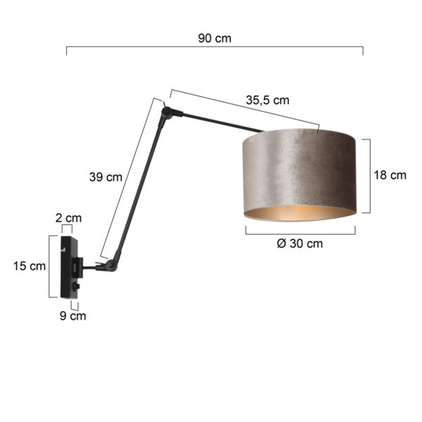 Steinhauer Prestige Chic wandlamp - kap ⌀30 cm - tot 105 cm diep - dimmer op het product - E27 - zwart en zilver - Image 5