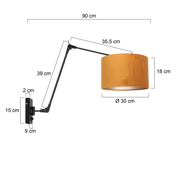 Steinhauer Prestige Chic wandlamp - kap ⌀30 cm -  tot 105 cm diep - dimmer op het product - E27 - zwart en okergeel - Image 5