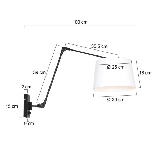 Steinhauer Prestige Chic wandlamp - kap ⌀30 cm taps - tot 105 cm diep - dimmer op het product - E27 - zwart en wit - Image 5