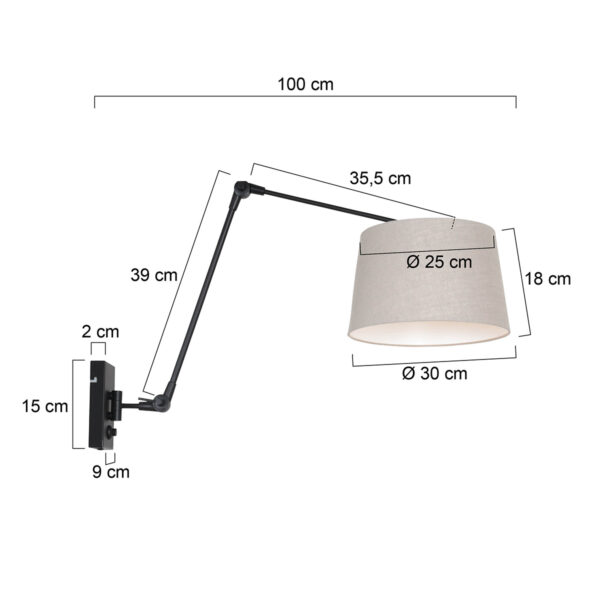 Steinhauer Prestige Chic wandlamp - kap ⌀30 cm taps - tot 105 cm diep - dimmer op het product - E27 - zwart en grijs - Image 5