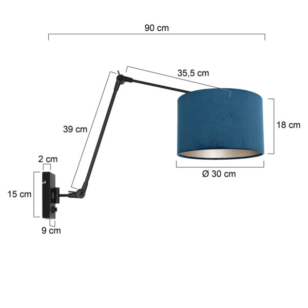 Steinhauer Prestige Chic wandlamp met knikarm - verstelbaarheid 40 t/m 90cm - Ø30 cm -  zwart met blauwe kap - Image 5