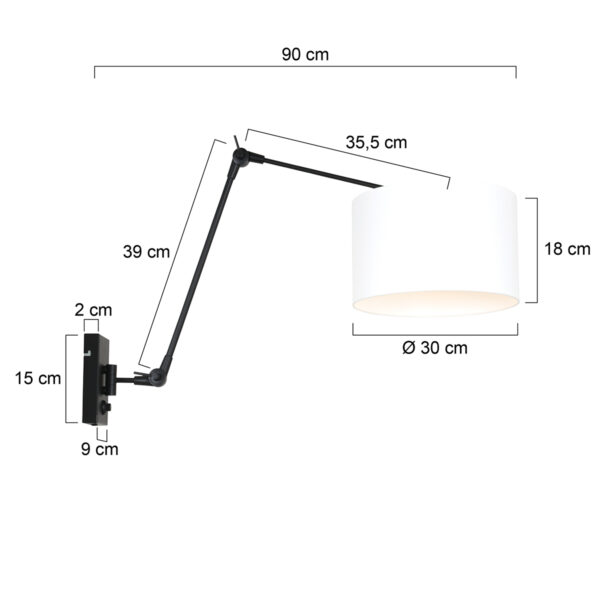 Steinhauer Prestige Chic wandlamp - kap ⌀30 cm - tot 105 cm diep - dimmer op het product - E27 - zwart en wit - Image 5