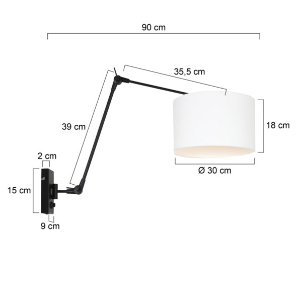 Steinhauer Prestige Chic wandlamp - kap ⌀30 cm -  tot 105 cm diep - dimmer op het product - E27 - zwart en wit linnen - Image 5