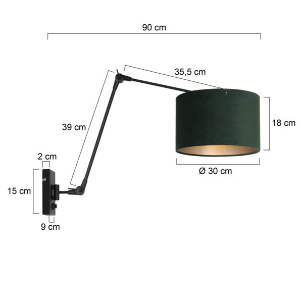 Steinhauer Prestige Chic wandlamp - kap ⌀30 cm -  tot 105 cm diep - dimmer op het product - E27 - zwart en groen - Image 5