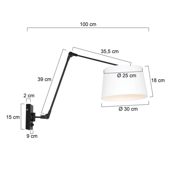 Steinhauer Prestige Chic wandlamp - kap ⌀30 cm taps - tot 105 cm diep - dimmer op het product - E27 - zwart en wit linnen - Image 6