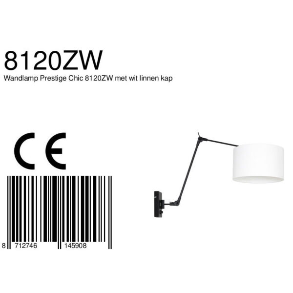 Steinhauer Prestige Chic wandlamp - kap ⌀30 cm -  tot 105 cm diep - dimmer op het product - E27 - zwart en wit linnen - Image 6