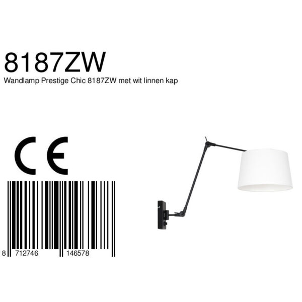 Steinhauer Prestige Chic wandlamp - kap ⌀30 cm taps - tot 105 cm diep - dimmer op het product - E27 - zwart en wit linnen - Image 7