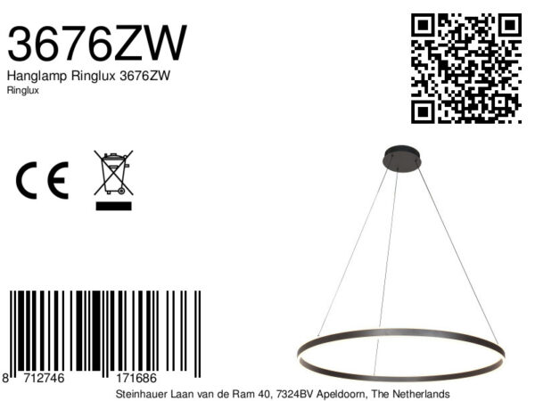 Steinhauer Ringlux hanglamp – ø 100 cm – In hoogte verstelbaar – Ingebouwd (LED) – zwart - Image 7