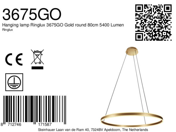 Steinhauer Ringlux hanglamp – ø 80 cm – In hoogte verstelbaar – Ingebouwd (LED) – goud - Image 8