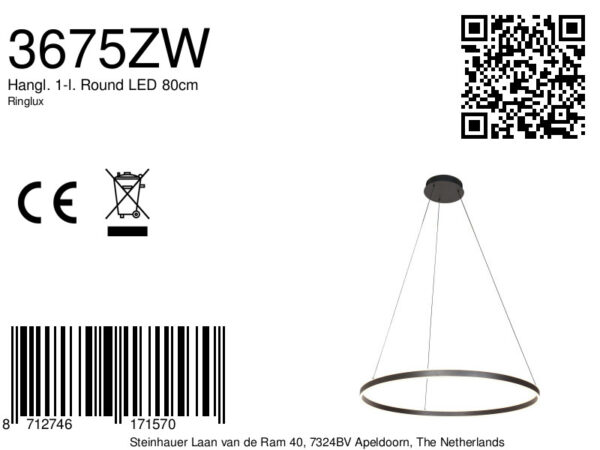 Steinhauer Ringlux hanglamp – ø 80 cm – In hoogte verstelbaar – Ingebouwd (LED) – zwart - Image 7