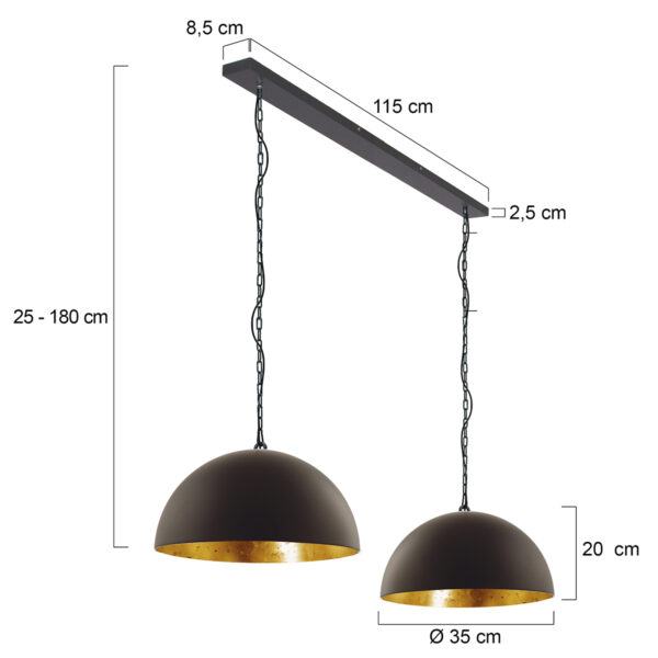 Steinhauer Semicirkel hanglamp - tweelichts - E27 - Ø35 cm - 115 cm breed - zwart met goud - Image 7