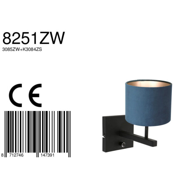 Steinhauer Stang wandlamp - E27 - 25 cm hoog - zwart met blauwe kap - Image 6