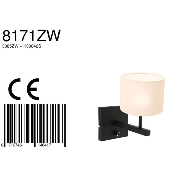 Steinhauer Stang wandlamp - E27 - 25 cm hoog - zwart met witte kap - Image 6