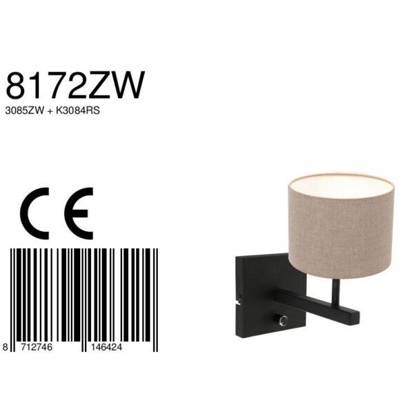 Steinhauer Stang wandlamp - E27 - 25 cm hoog - zwart met beige kap - Image 6