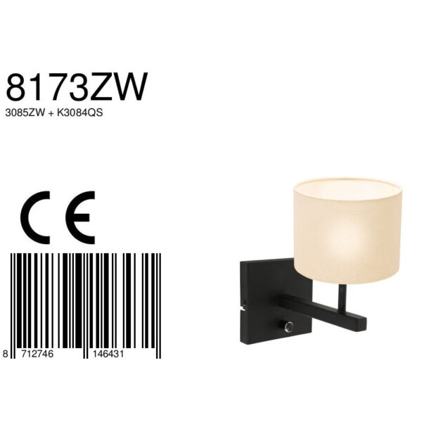 Steinhauer Stang wandlamp - E27 - 25 cm hoog - zwart met crème kap - Image 6