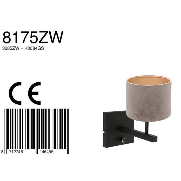 Steinhauer Stang wandlamp - E27 - 25 cm hoog - zwart met grijze kap - Afbeelding 6