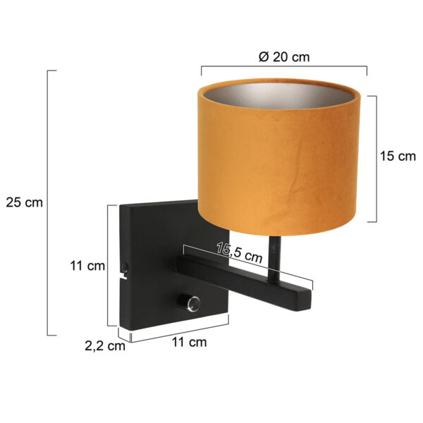 Steinhauer Stang wandlamp - E27 - 25 cm hoog - zwart met okergele kap - Image 6