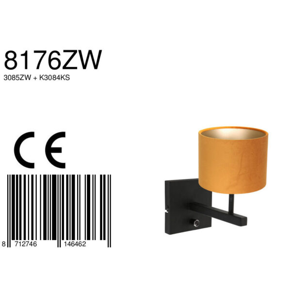 Steinhauer Stang wandlamp - E27 - 25 cm hoog - zwart met okergele kap - Image 7