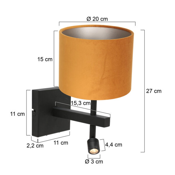 Steinhauer Stang wandlamp - E27 - 32 cm hoog - incl. leeslampje - draai- en kantelbaar - zwart met okergele kap - Image 5