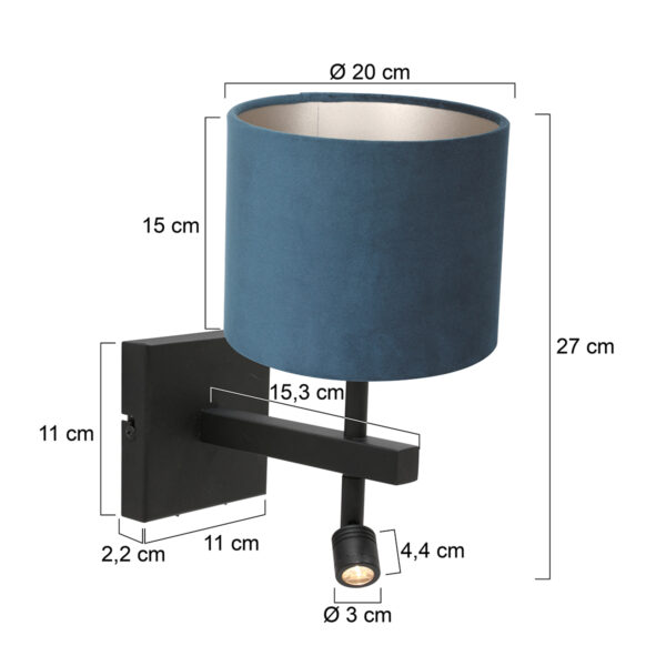 Steinhauer Stang wandlamp - E27 - 32 cm hoog - incl. leeslampje - draai- en kantelbaar - zwart met blauwe kap - Image 5