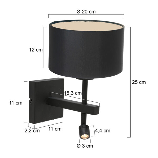 Steinhauer Stang wandlamp - E27 - 32 cm hoog - incl. leeslampje - draai- en kantelbaar - zwart met zwarte kap - Afbeelding 5