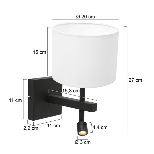 Steinhauer Stang wandlamp - E27 - 32 cm hoog - incl. leeslampje - draai- en kantelbaar - zwart met witte kap - Image 5