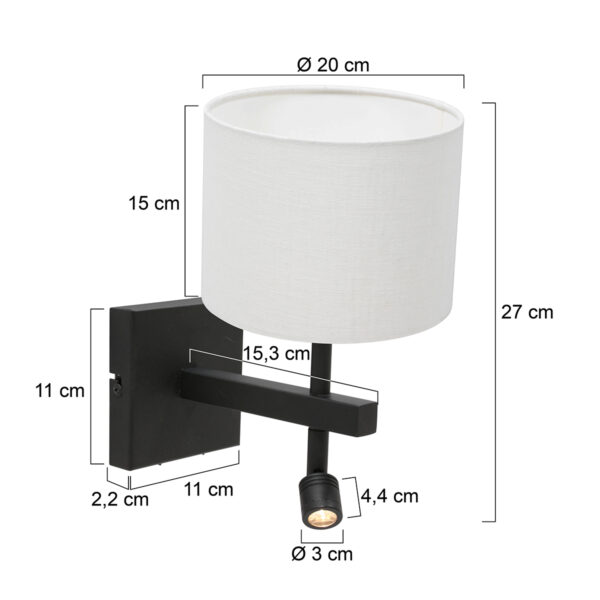 Steinhauer Stang wandlamp - E27 - 32 cm hoog - incl. leeslampje - draai- en kantelbaar - zwart met witte kap - Image 5