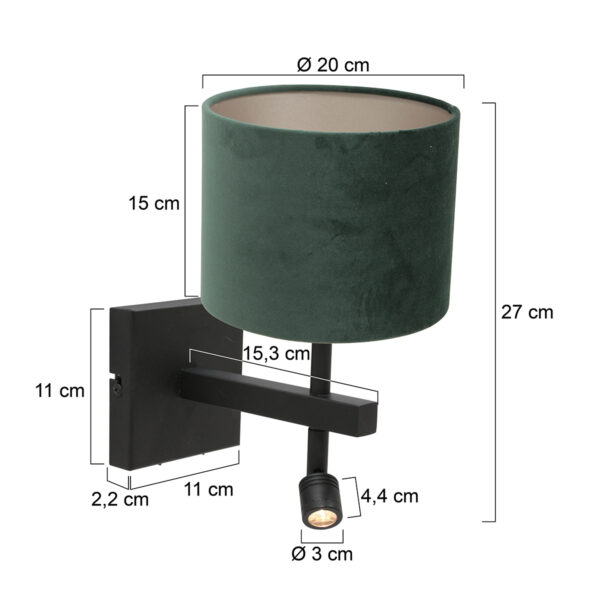 Steinhauer Stang wandlamp - E27 - 32 cm hoog - incl. leeslampje - draai- en kantelbaar - zwart met groene kap - Image 5