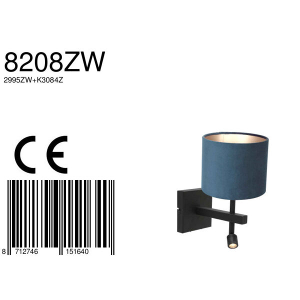 Steinhauer Stang wandlamp - E27 - 32 cm hoog - incl. leeslampje - draai- en kantelbaar - zwart met blauwe kap - Image 6