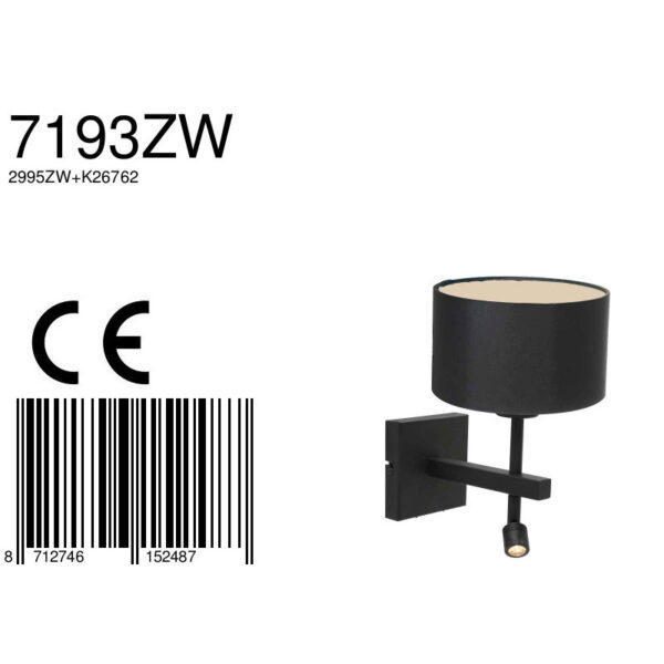 Steinhauer Stang wandlamp - E27 - 32 cm hoog - incl. leeslampje - draai- en kantelbaar - zwart met zwarte kap - Afbeelding 6