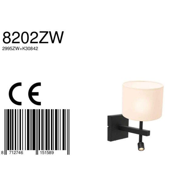 Steinhauer Stang wandlamp - E27 - 32 cm hoog - incl. leeslampje - draai- en kantelbaar - zwart met witte kap - Image 6