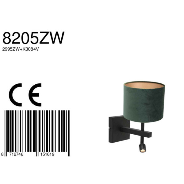 Steinhauer Stang wandlamp - E27 - 32 cm hoog - incl. leeslampje - draai- en kantelbaar - zwart met groene kap - Image 6