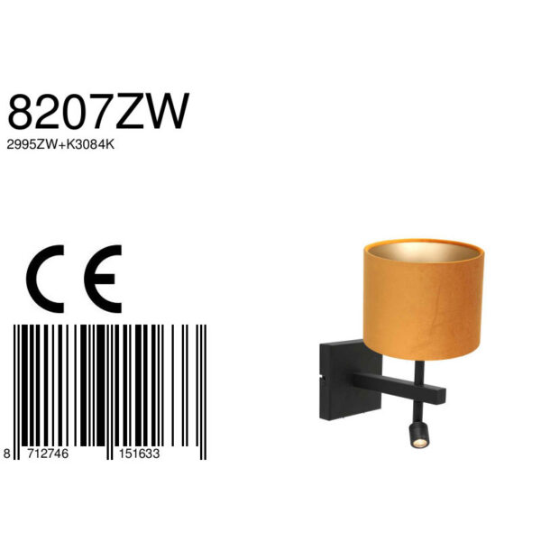 Steinhauer Stang wandlamp - E27 - 32 cm hoog - incl. leeslampje - draai- en kantelbaar - zwart met okergele kap - Image 6