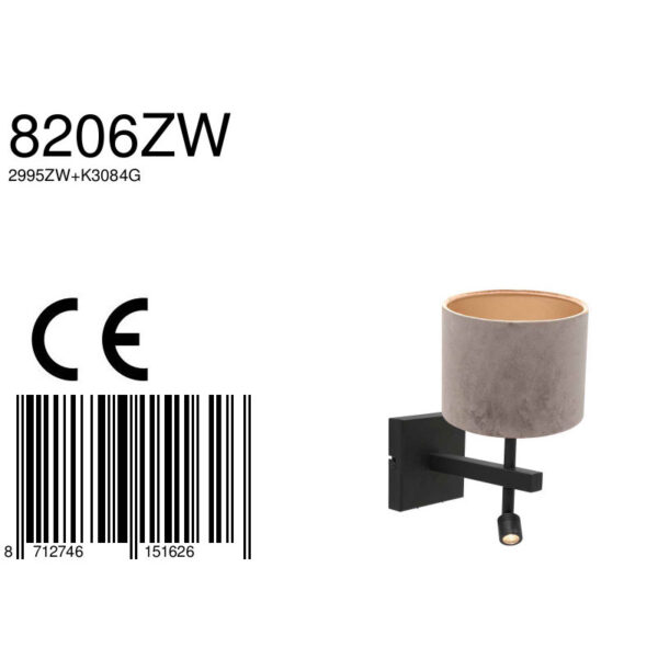 Steinhauer Stang wandlamp - E27 - 32 cm hoog - incl. leeslampje - draai- en kantelbaar - zwart met grijze kap - Image 7